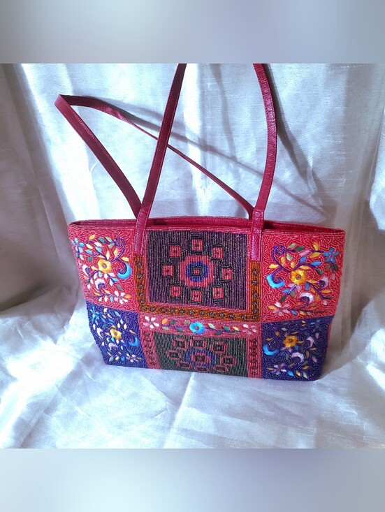 Handbags - Rare Beaded Embroidered Red Patchwork Tote Bag - Stylish Women's Shoulder Bag